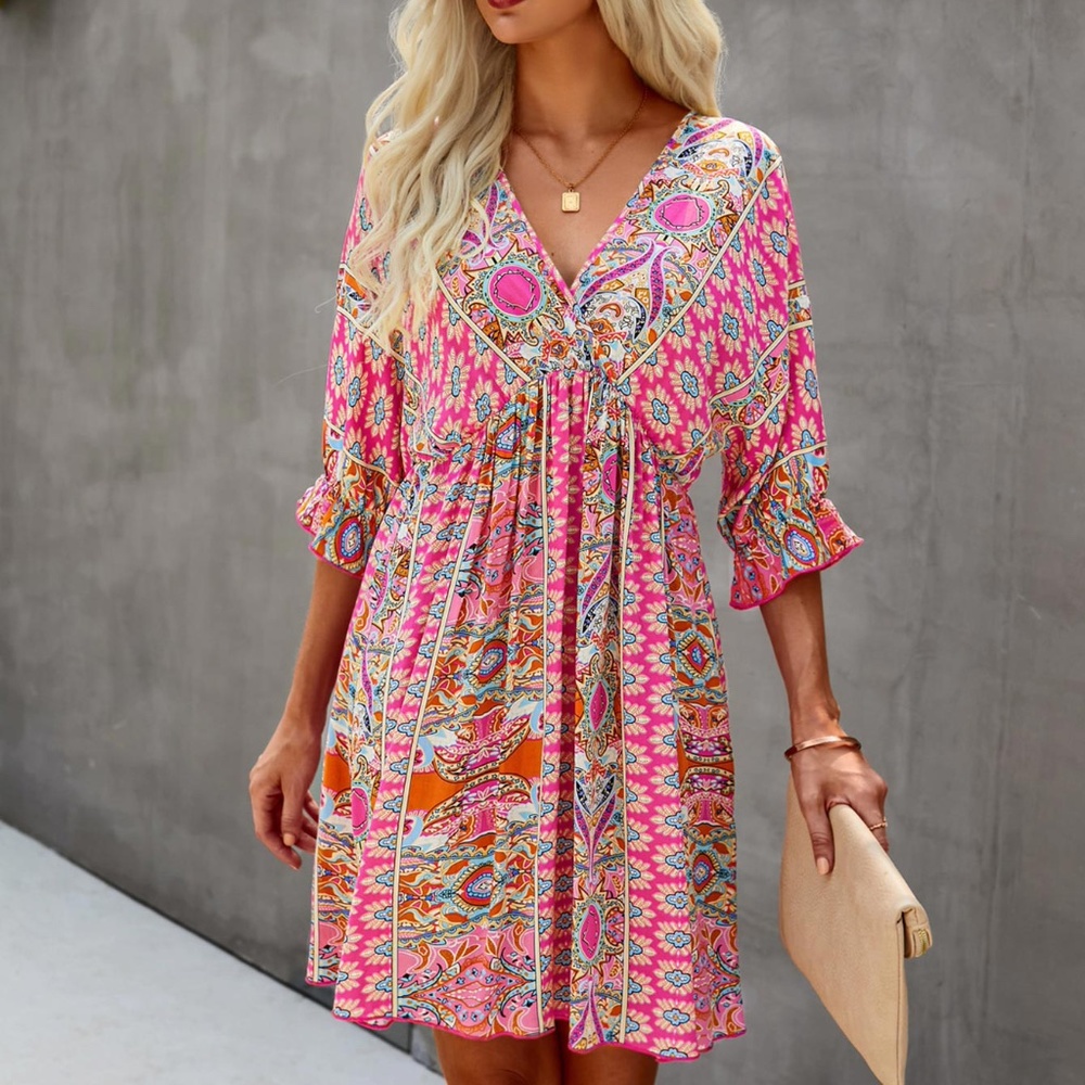 Boho Blue Orange Paisley V neck Gypsy Mini Dress - Picture 9 of 16